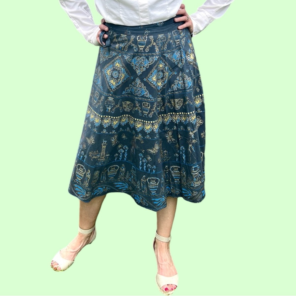 Ethnic Metallic Print Navy Wrap Circle Skirt! EUC!